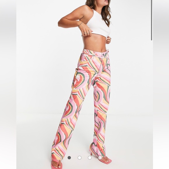 River Island NWT 90s tie back straight jeans in pink Heart print Sz 10 Grunge - Picture 1 of 11